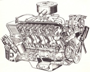 A cutaway view of the Slant Six engine. Newman was responsible for the “High Carb” and “Low Carb” versions of this motor.